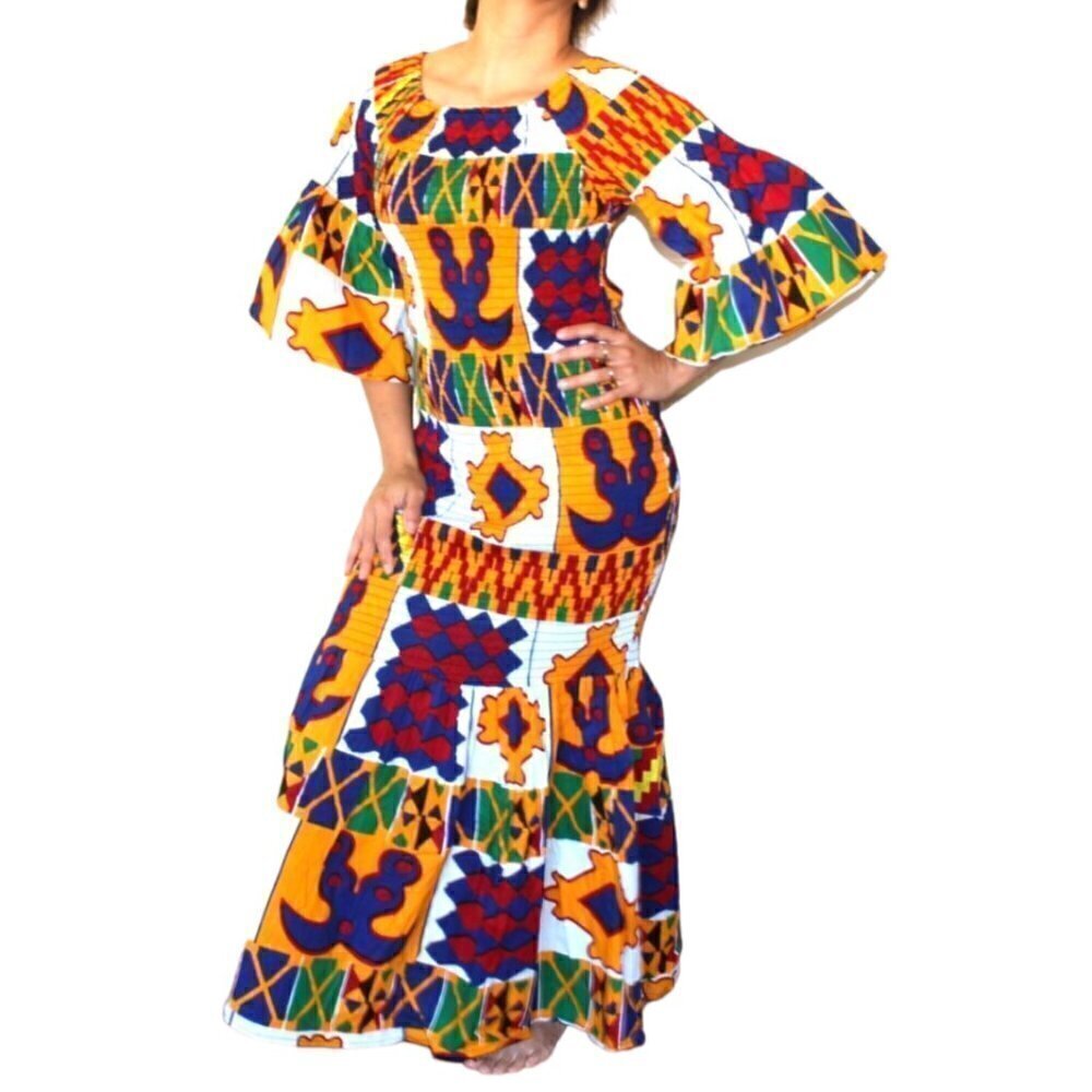Handmade African mermaid multicolor ruffled trumpet Maxi dress Size M stretch - Picture 11 of 12